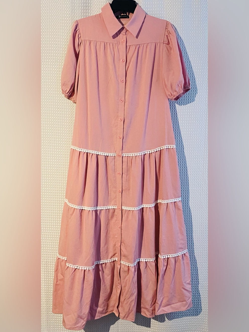 PRETTYGARDEN Pink Tiered Maxi Shirt Dress M Puff Sleeve Pockets